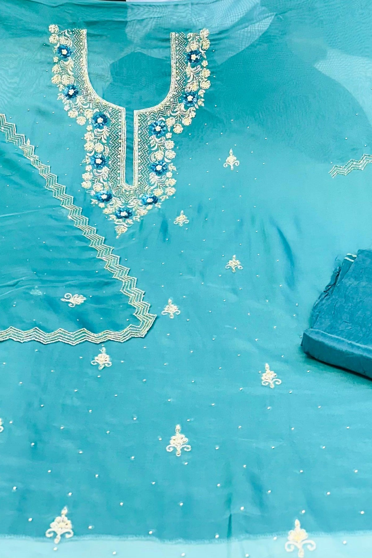 Elegant Organza Handwork Suit Set with Silk Bottom & Border Dupatta