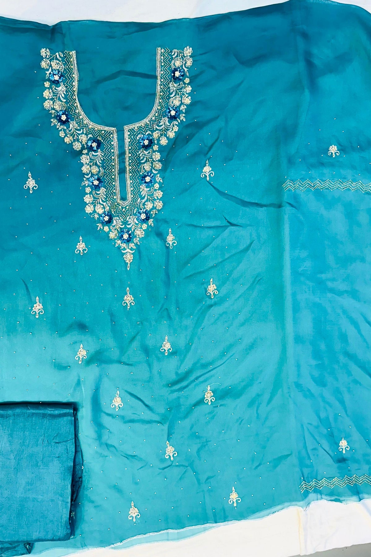 Elegant Organza Handwork Suit Set with Silk Bottom & Border Dupatta
