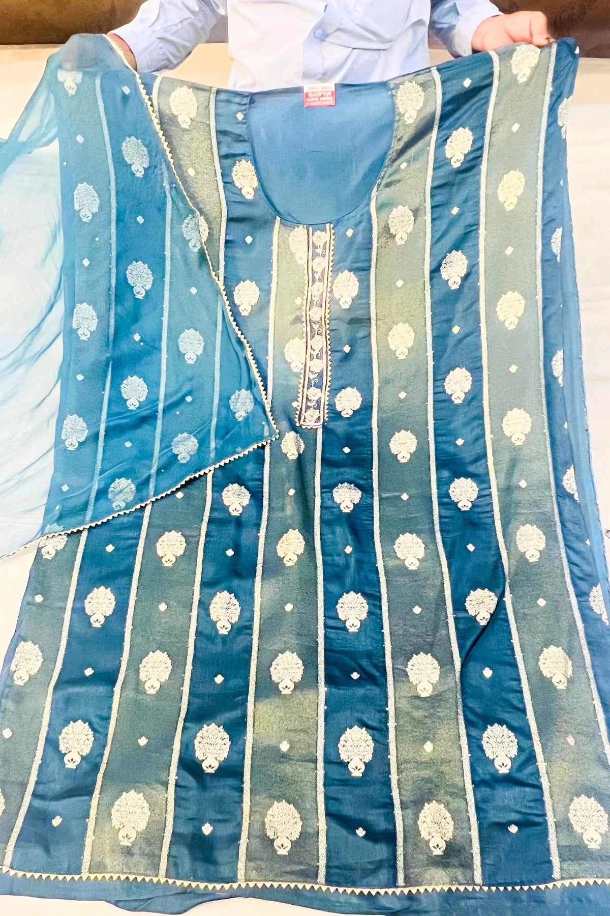 Peacock Blue Silk Suit Set with Patch Work & Stone-Detailed Chiffon Dupatta