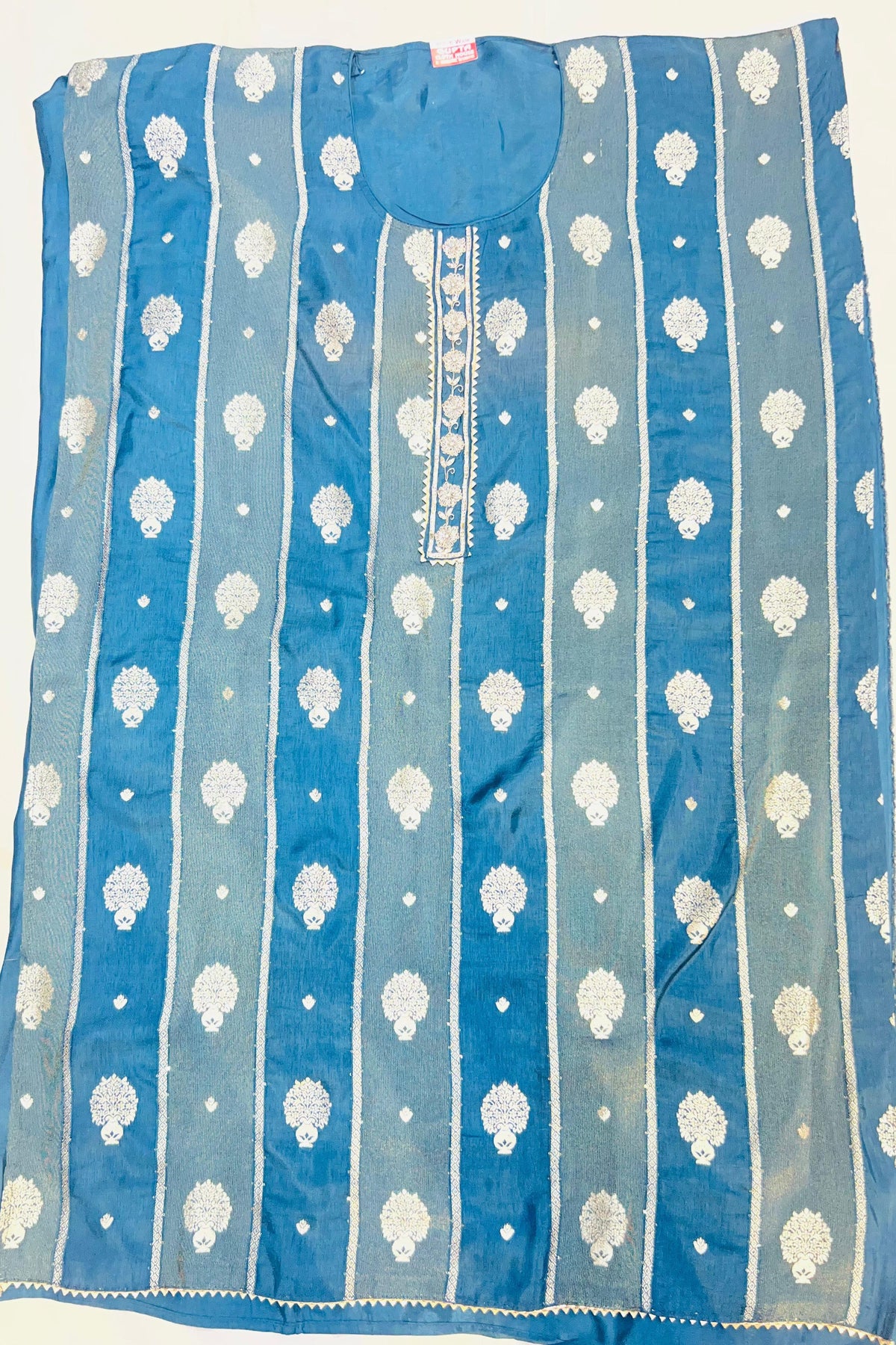 Peacock Blue Silk Suit Set with Patch Work & Stone-Detailed Chiffon Dupatta