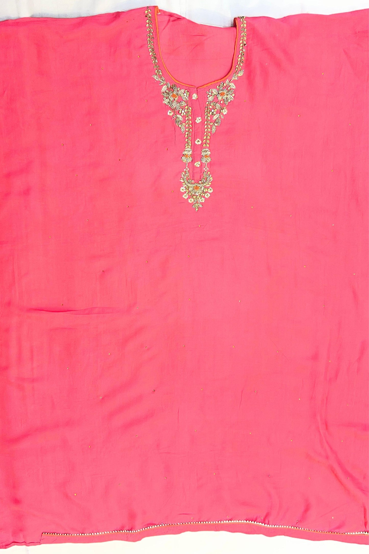 Carrot Silk Suit with Kundan Neck Work & Chiffon Dupatta