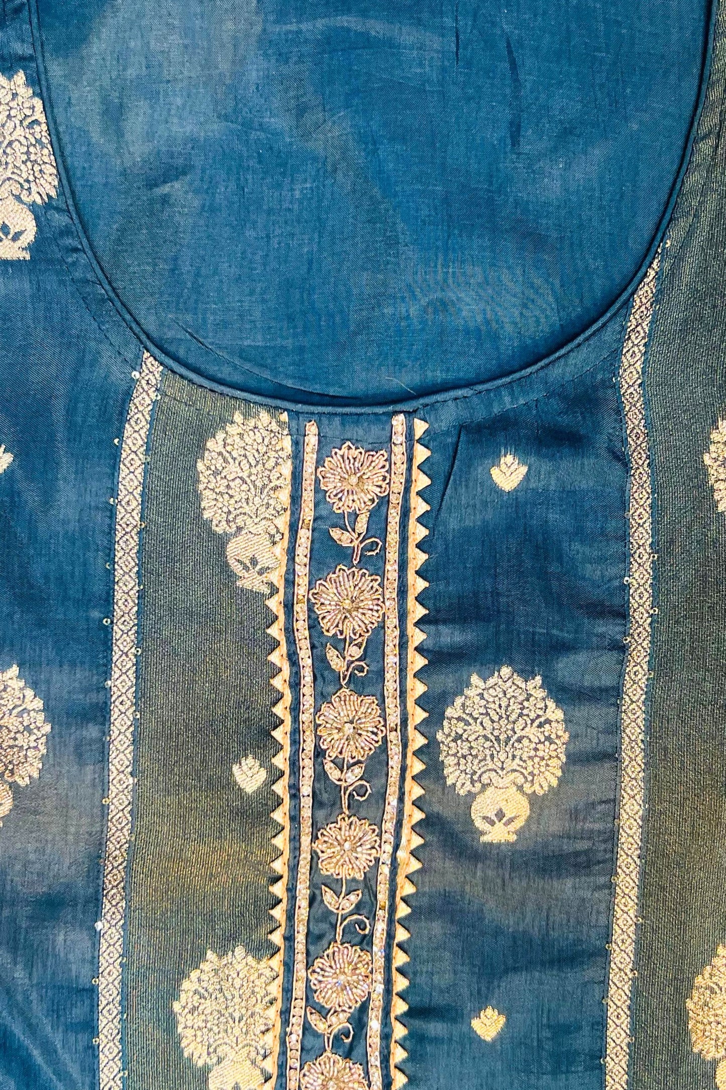 Peacock Blue Silk Suit Set with Patch Work & Stone-Detailed Chiffon Dupatta