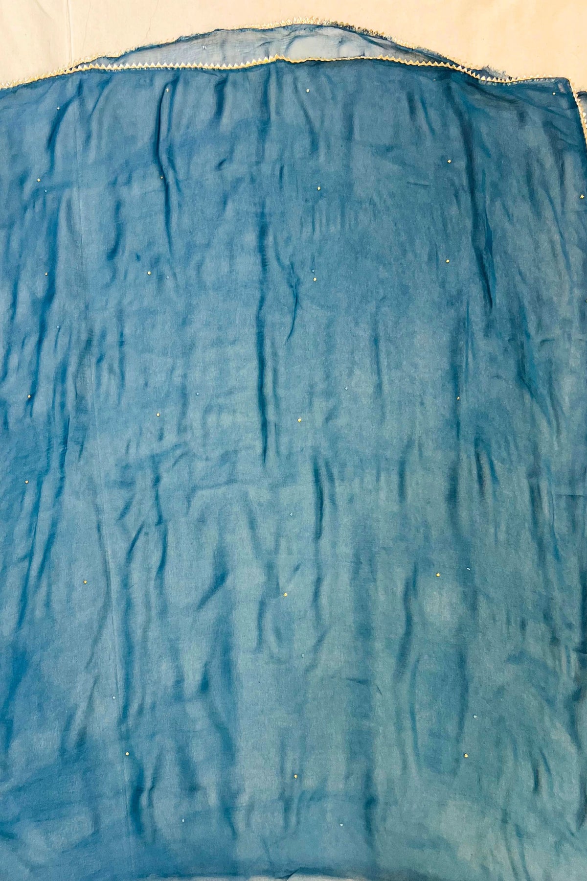 Peacock Blue Silk Suit Set with Patch Work & Stone-Detailed Chiffon Dupatta