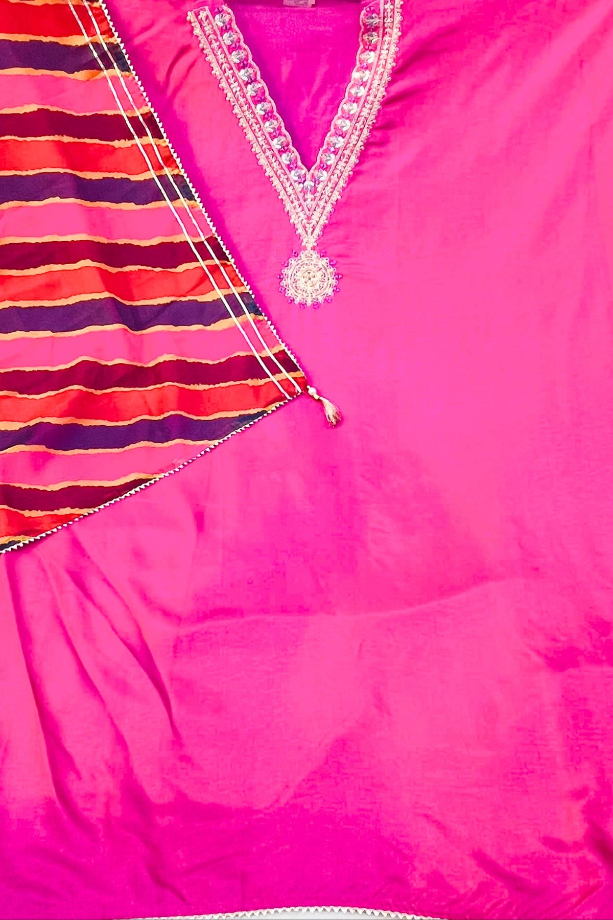 Pink Tashar Silk Suit Set with Mirror & Jury Work