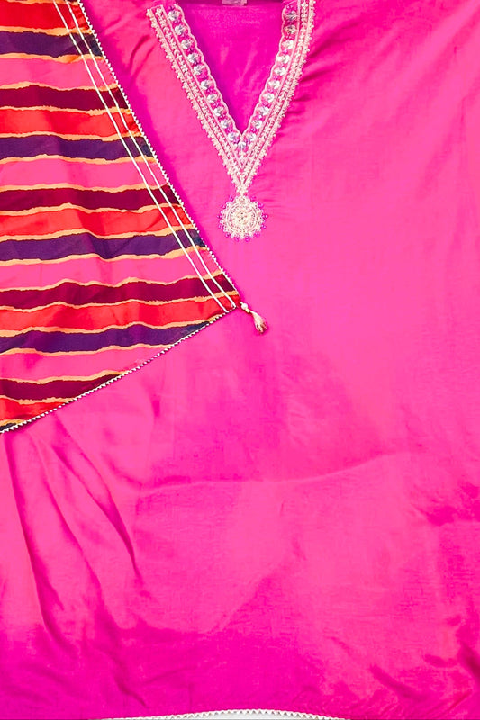 Pink Tashar Silk Suit Set with Mirror & Jury Work