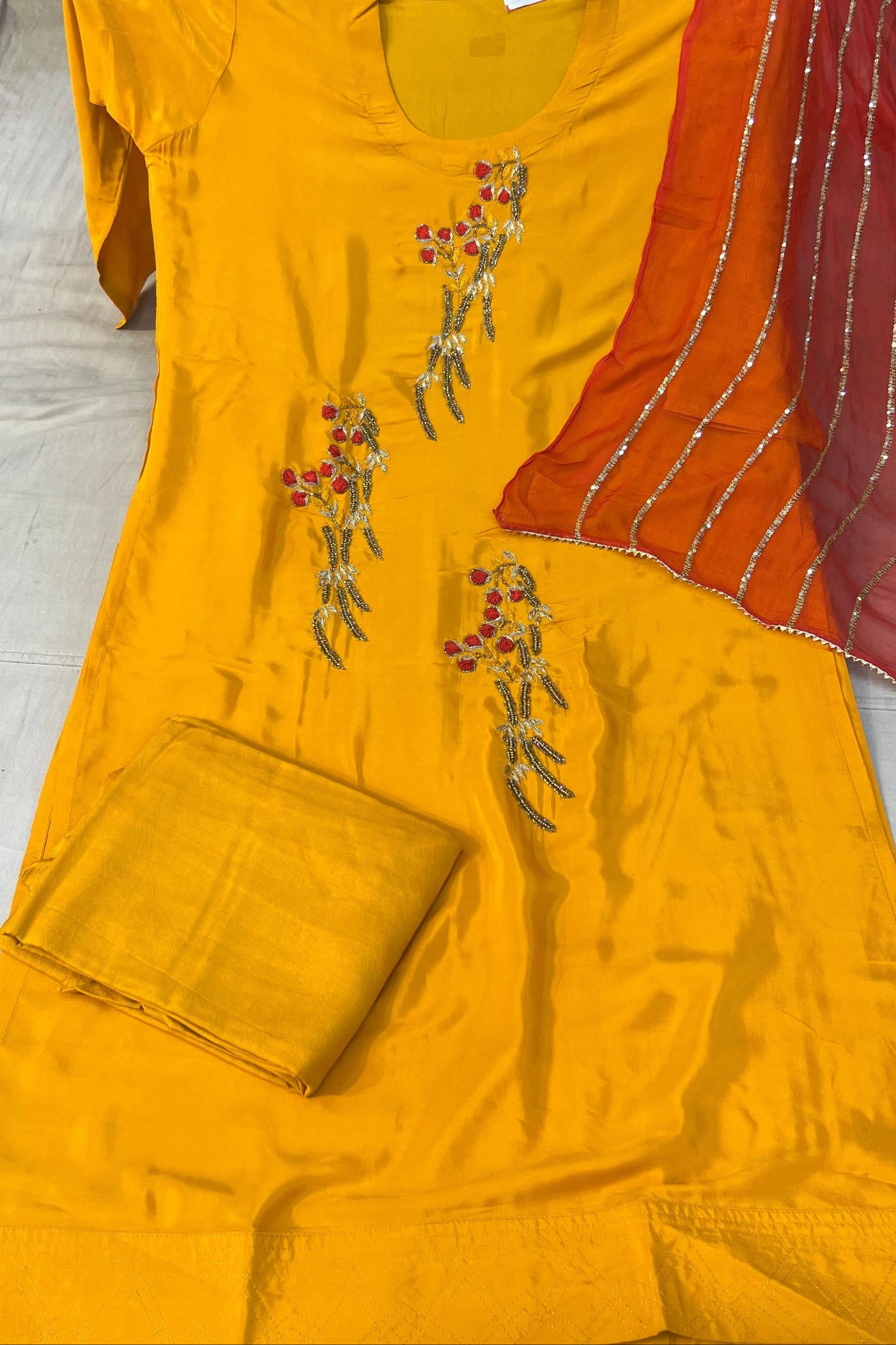 Yellow Handwork Crape Shirt with Butter Crape Bottom & Contrast Chiffon Dupatta