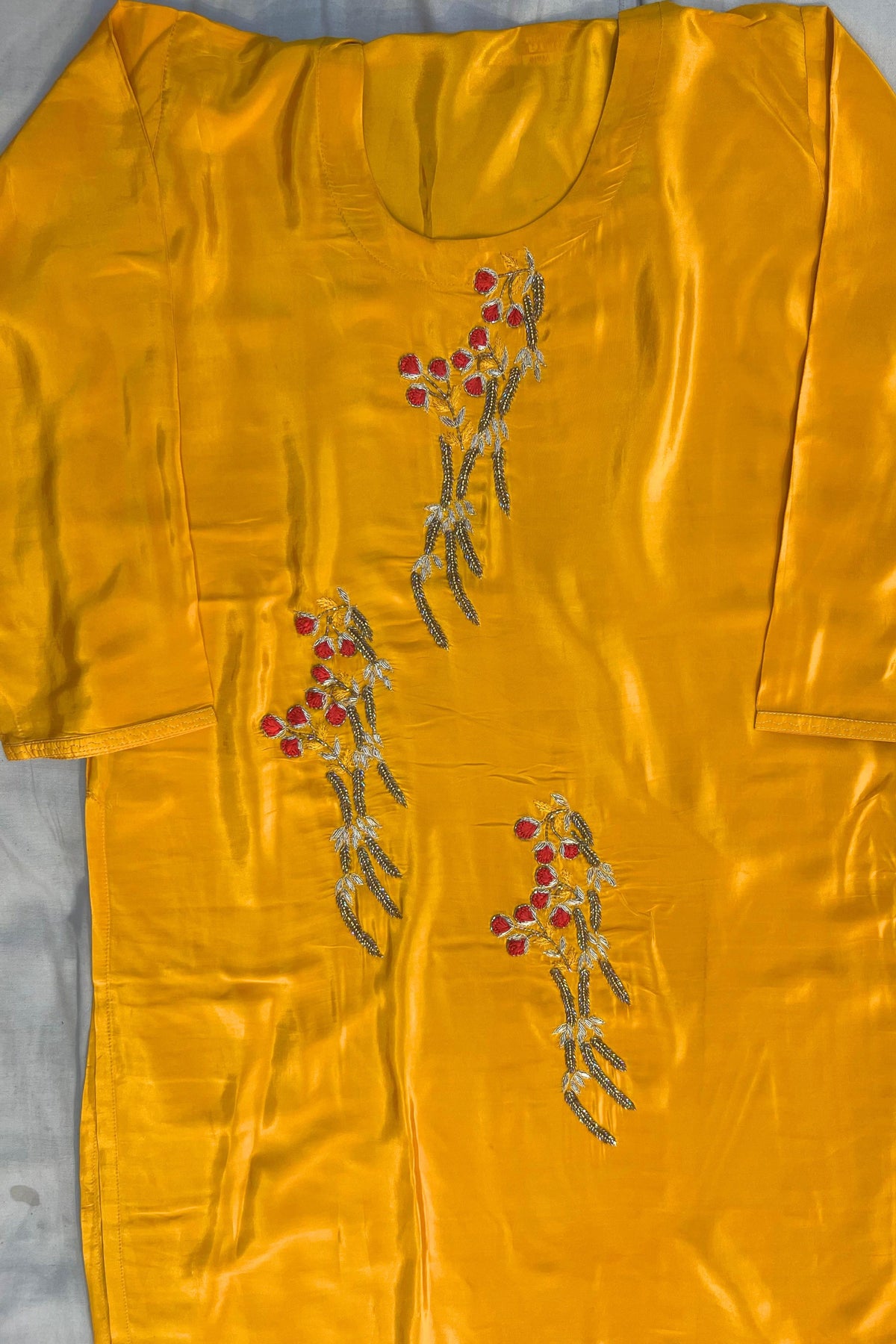 Yellow Handwork Crape Shirt with Butter Crape Bottom & Contrast Chiffon Dupatta