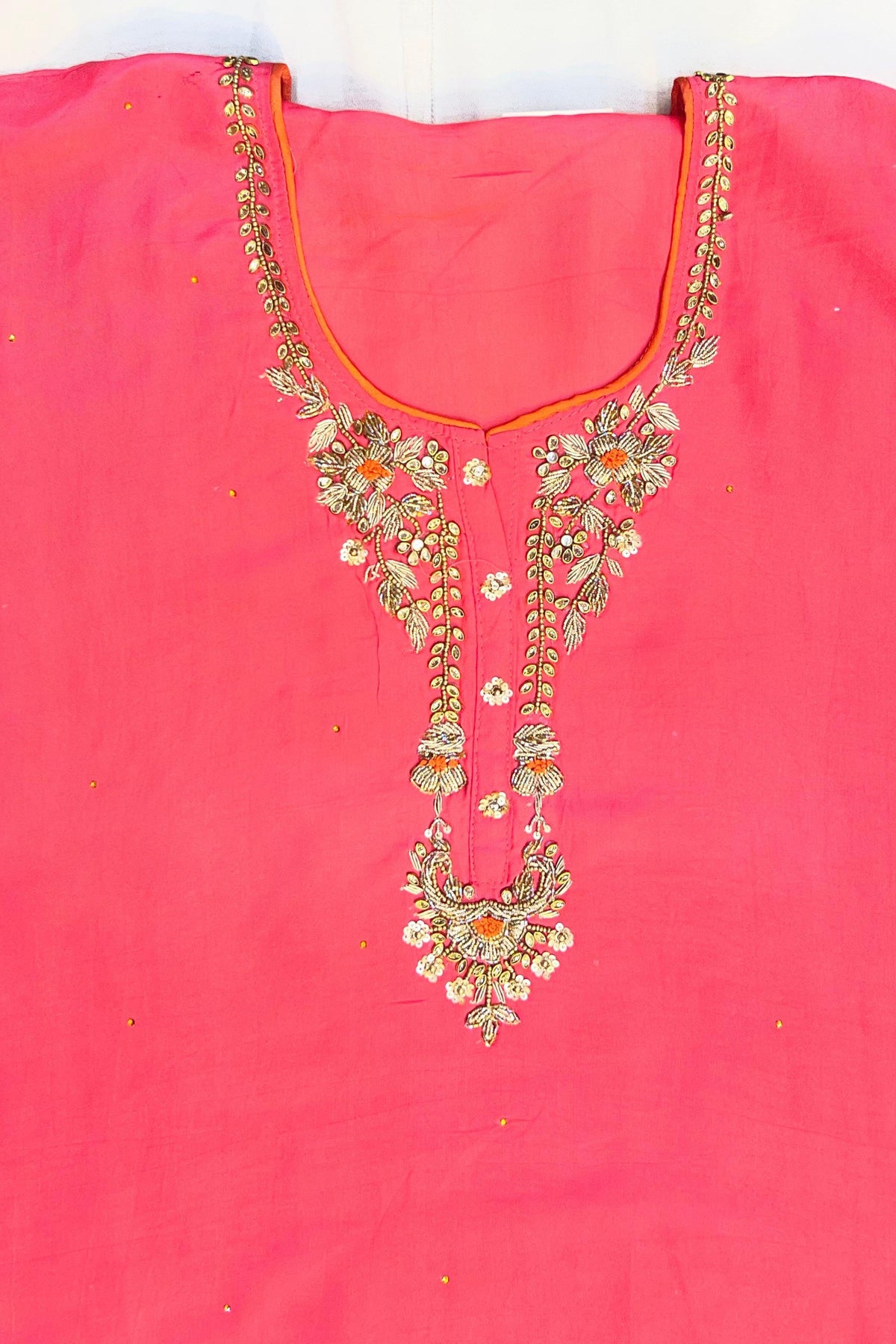 Carrot Silk Suit with Kundan Neck Work & Chiffon Dupatta