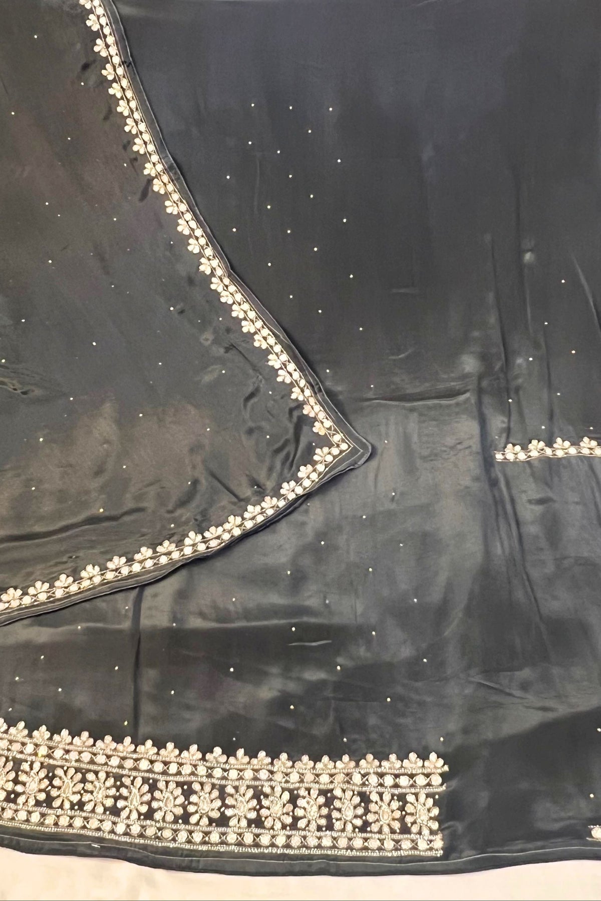 Dark Grey Pure Crape Handwork Suit Set with Chinon Dupatta