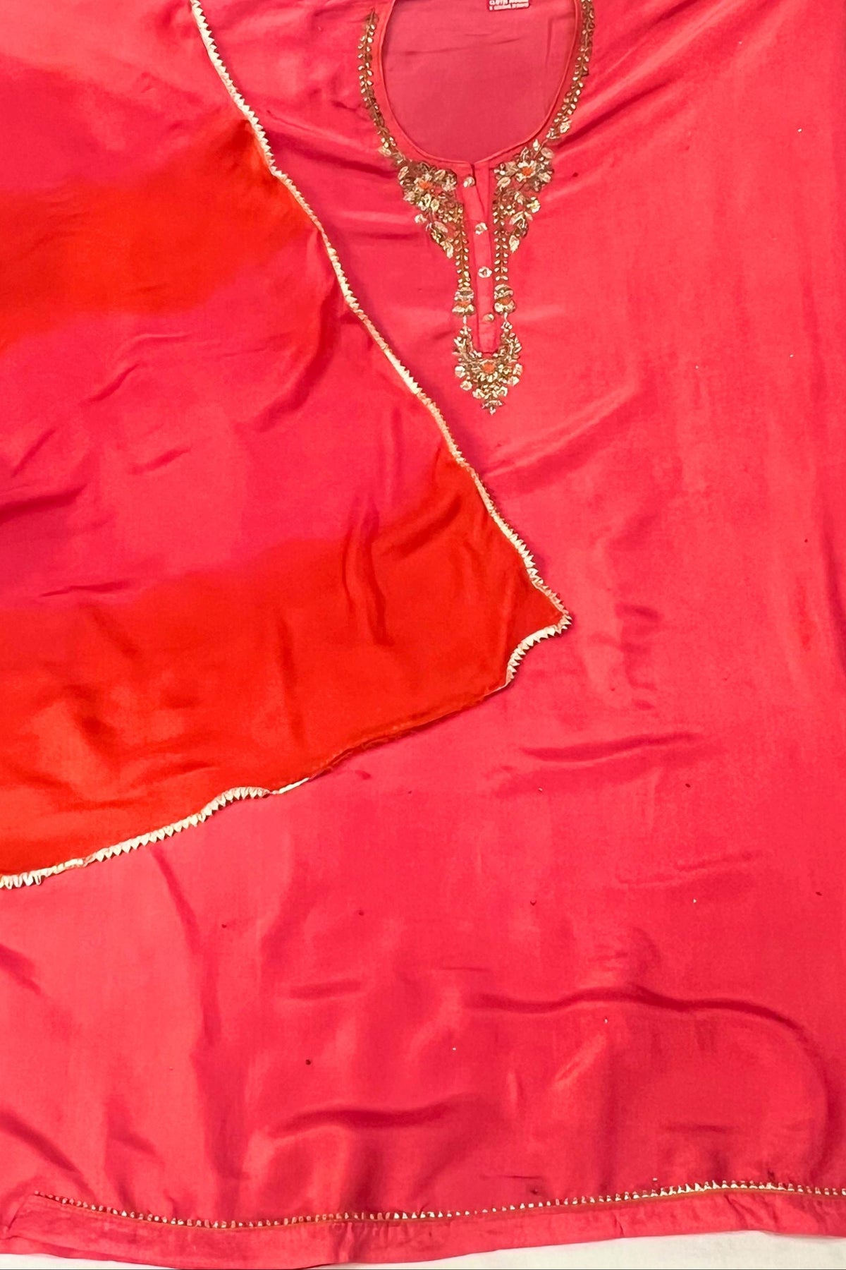 Carrot Silk Suit with Kundan Neck Work & Chiffon Dupatta