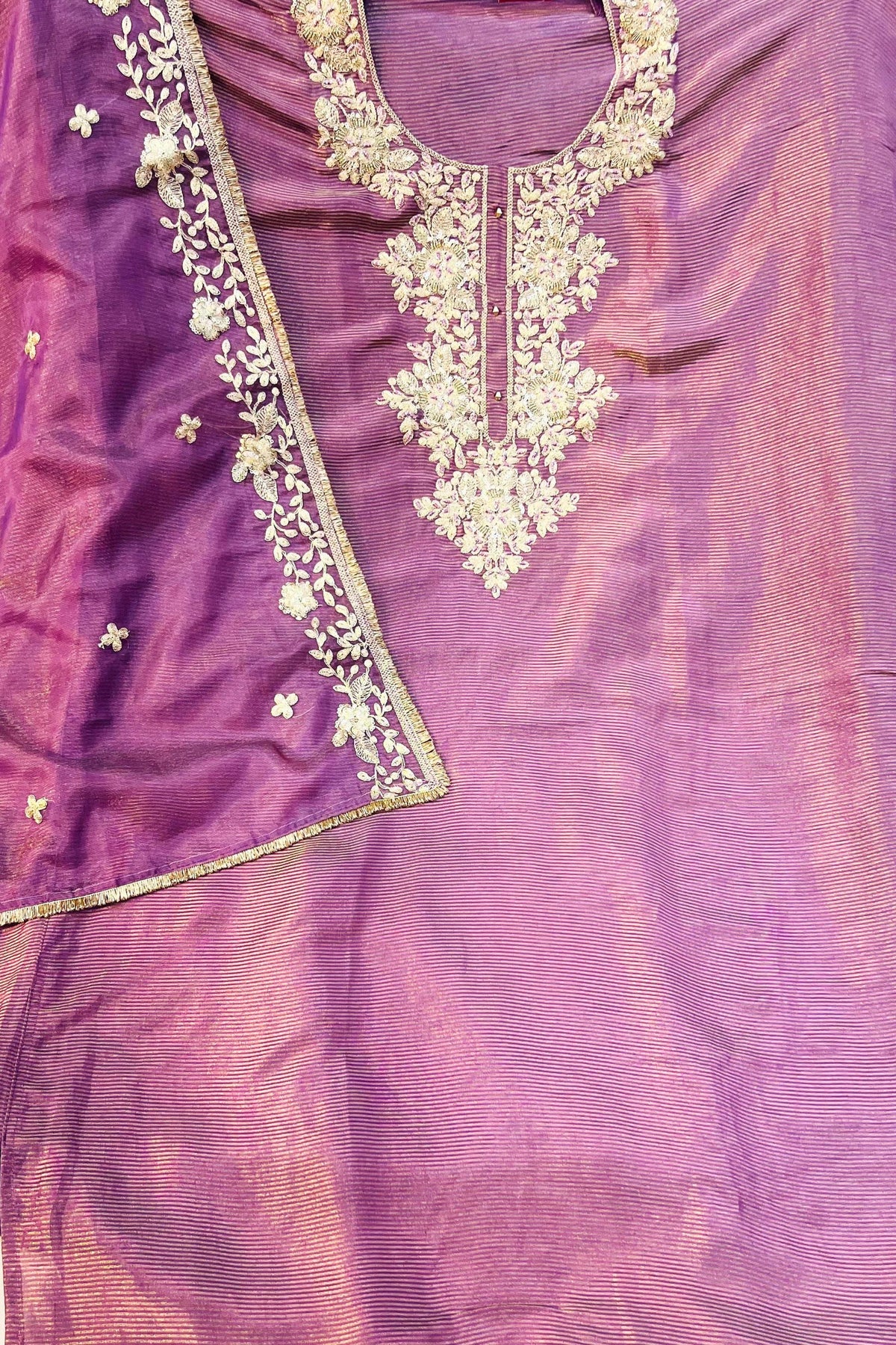 Lavender Silk Embroidered Suit Set with Butter Crepe Bottom & Dupatta