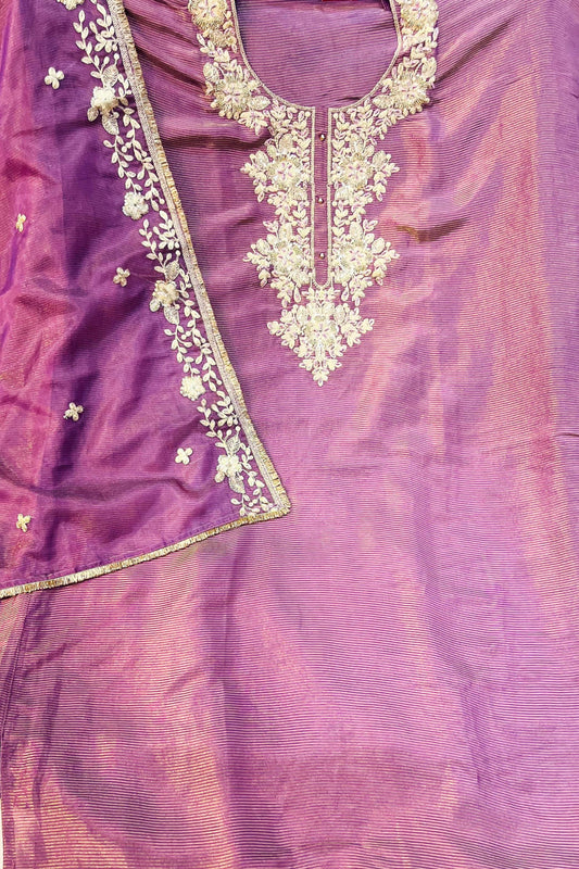 Lavender Silk Embroidered Suit Set with Butter Crepe Bottom & Dupatta
