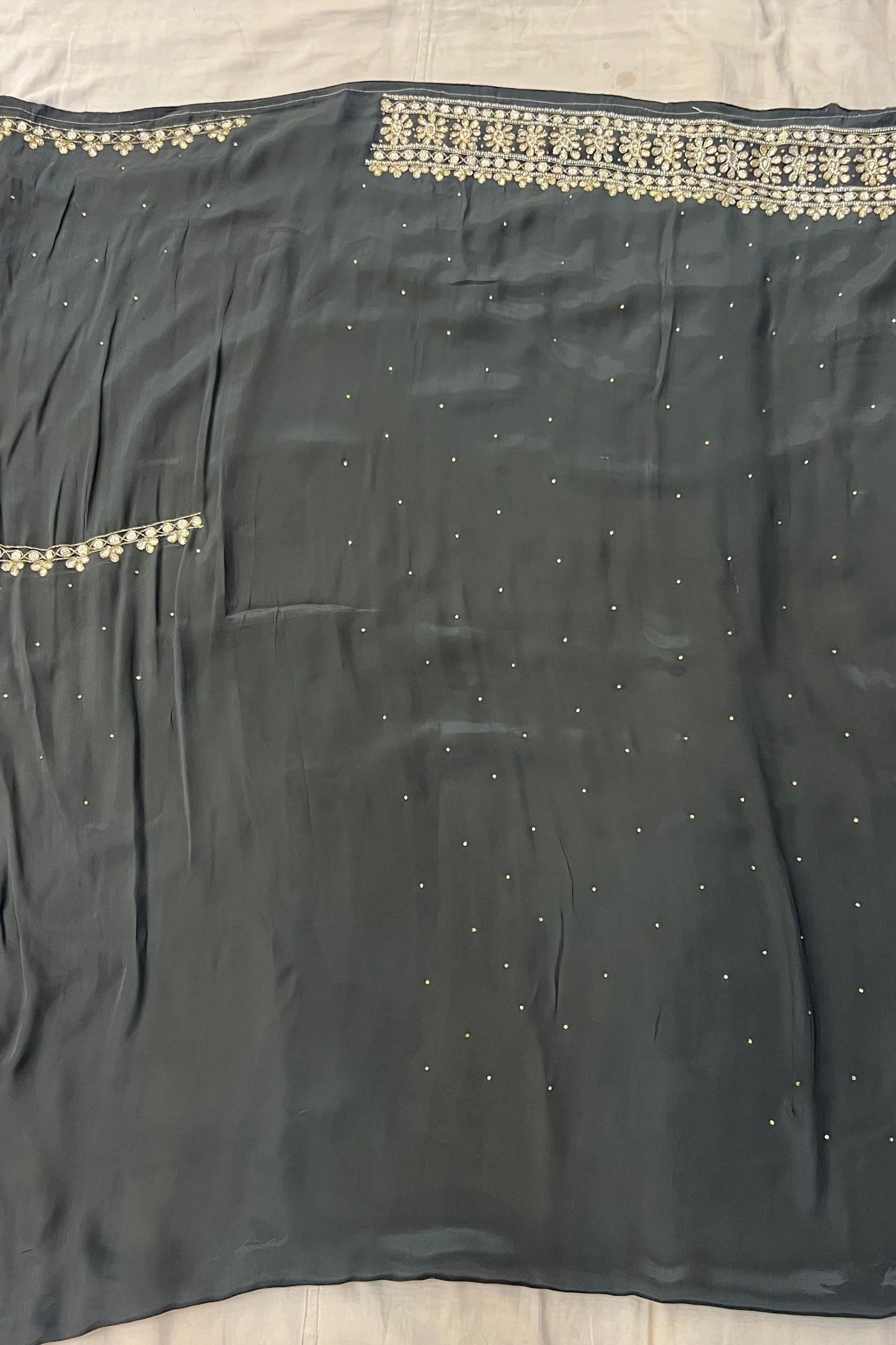 Dark Grey Pure Crape Handwork Suit Set with Chinon Dupatta