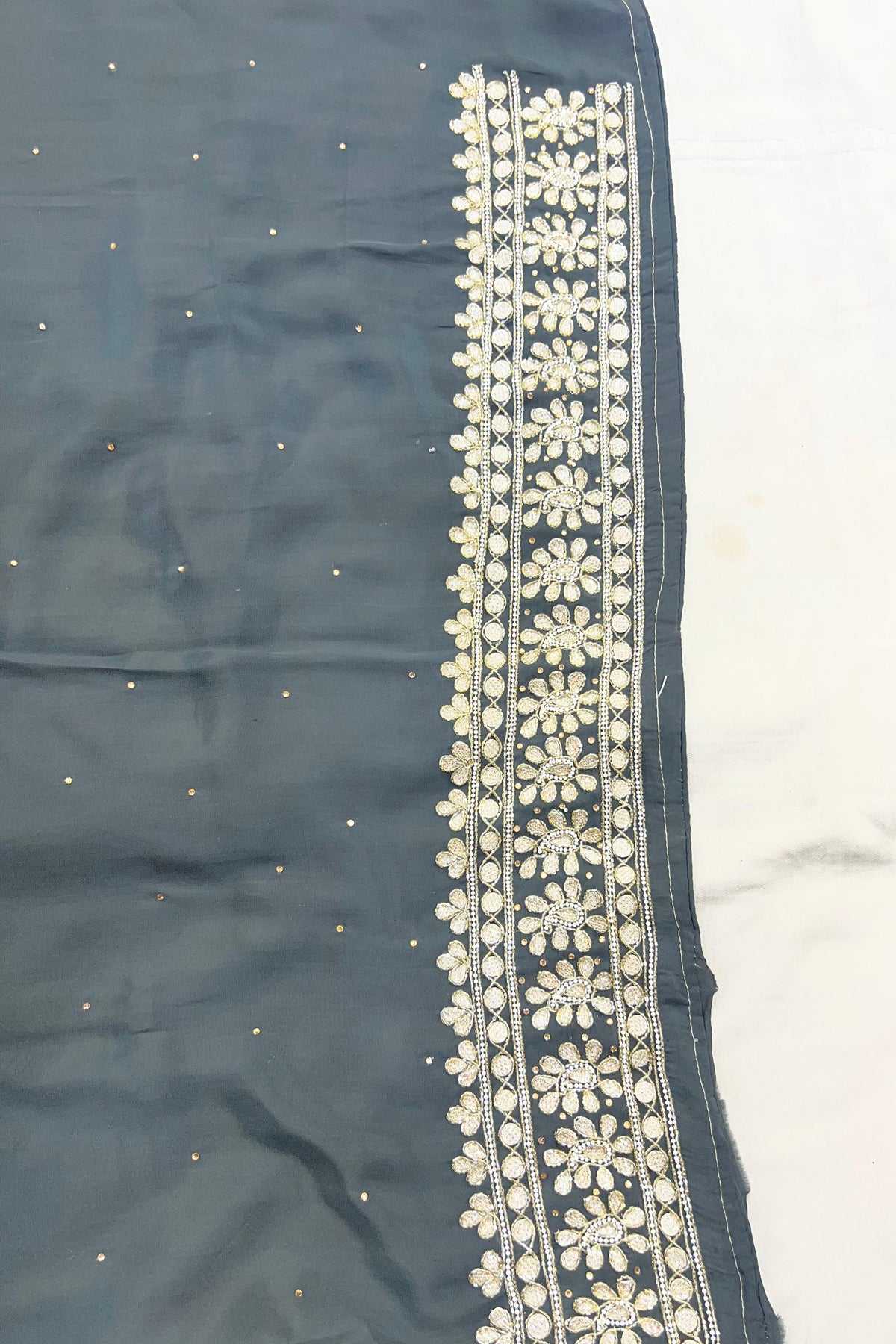 Dark Grey Pure Crape Handwork Suit Set with Chinon Dupatta