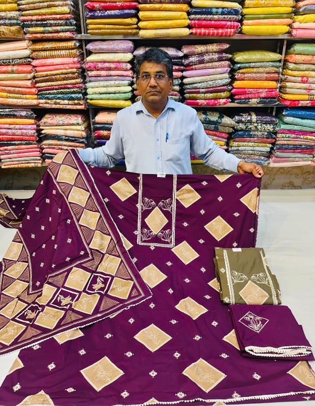 Royal Purple Diamond-Pattern Embroidered Unstitched Suit with Matching Dupatta