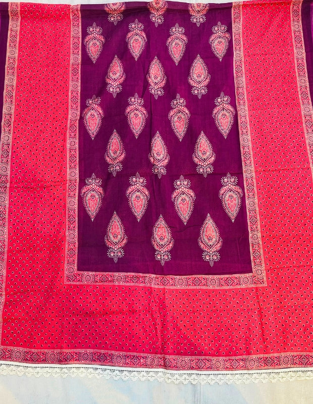 Magenta & Pink Paisley Printed Unstitched Suit with Lace Detailing and Contrast Dupatta