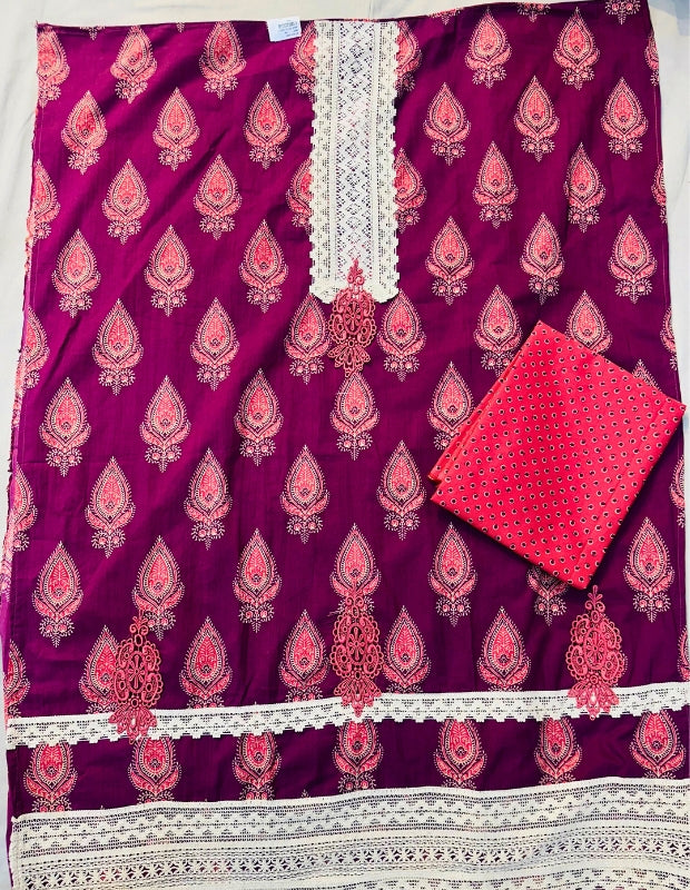 Magenta & Pink Paisley Printed Unstitched Suit with Lace Detailing and Contrast Dupatta