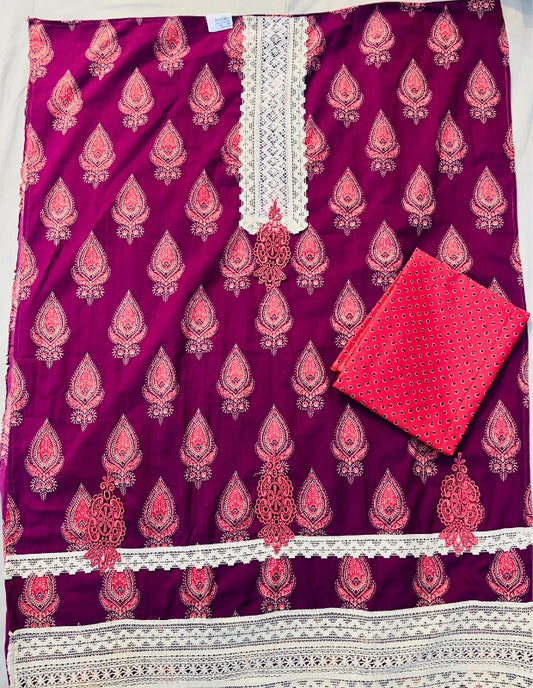 Magenta & Pink Paisley Printed Unstitched Suit with Lace Detailing and Contrast Dupatta