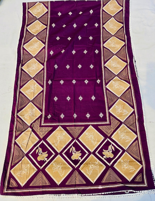 Royal Purple Diamond-Pattern Embroidered Unstitched Suit with Matching Dupatta